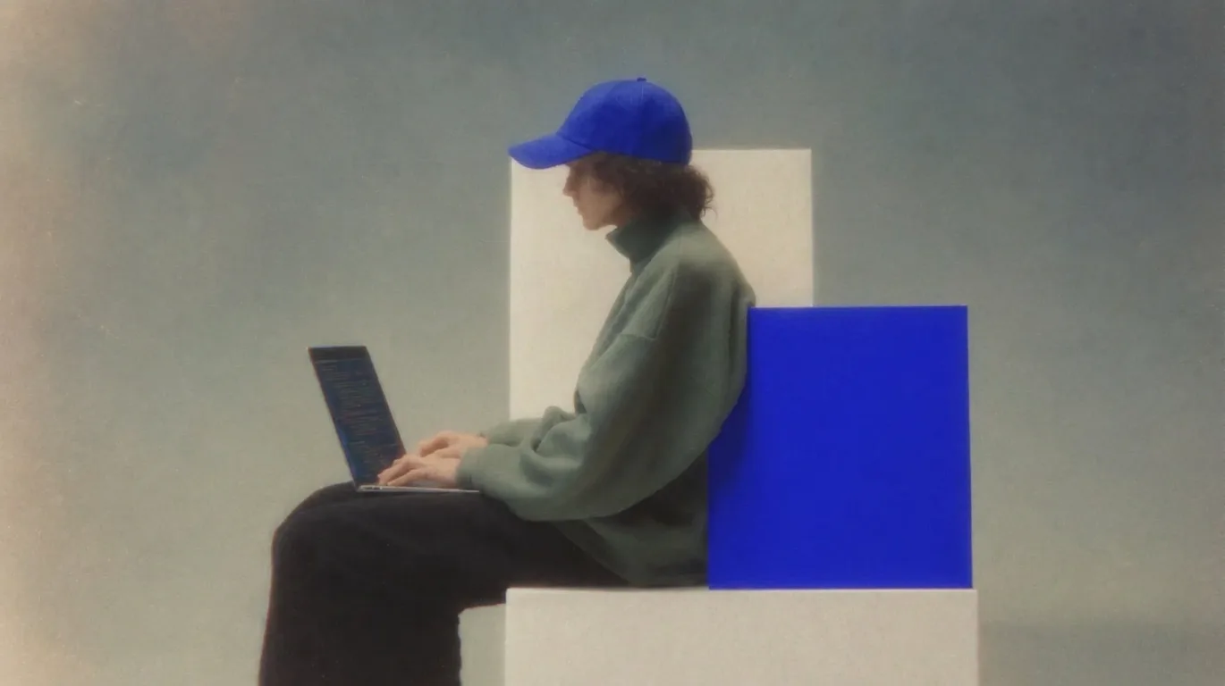 Pessoa de boné azul trabalhando no notebook, sentada entre blocos brancos e um bloco azul.