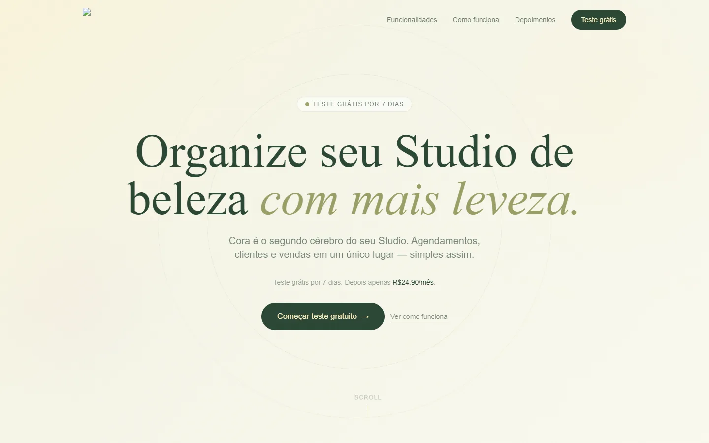 Página inicial da Cora, com o título “Organize seu Studio de beleza com mais leveza”.