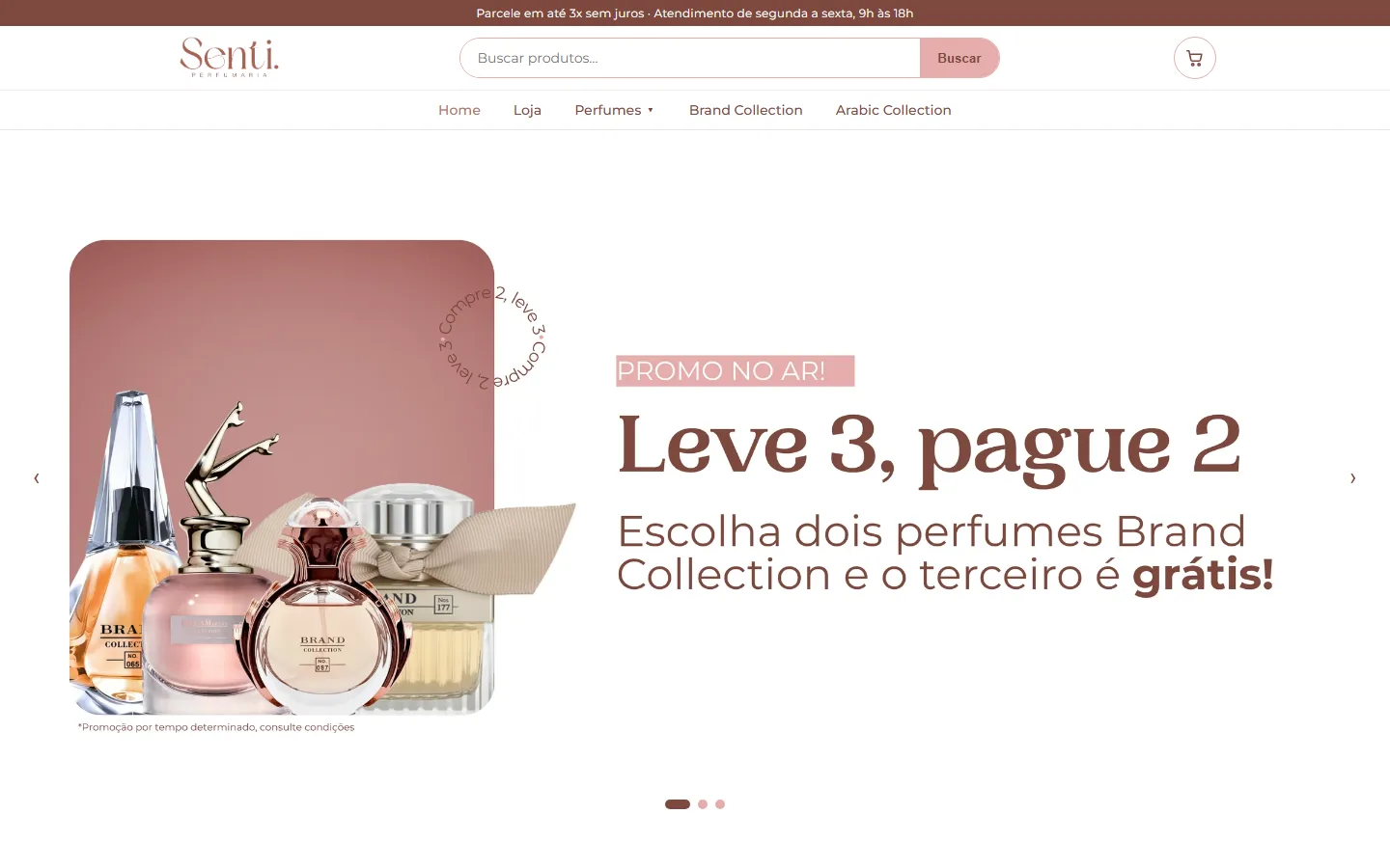 Página inicial da Senti Perfumaria, com o banner Leve 3, pague 2 e os perfumes Brand Collection.