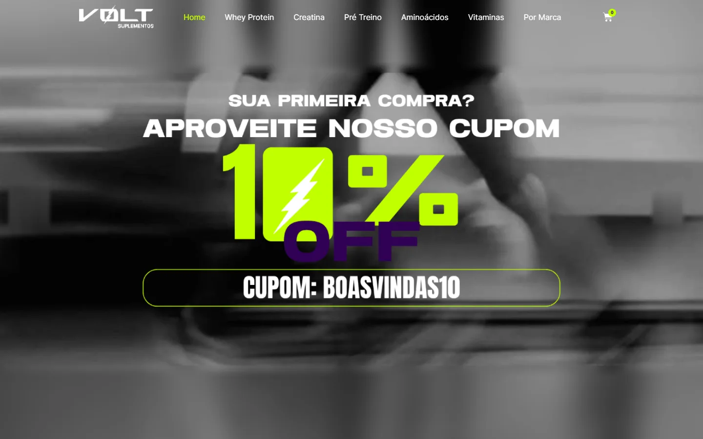 Página inicial da Volt Suplementos, com o banner do cupom BOASVINDAS10 e o menu de categorias.